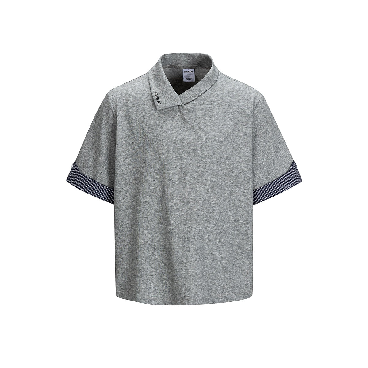 Heather gray short-sleeve top with asymmetric stand collar and navy micro-check turned-back sleeve cuffs, front view