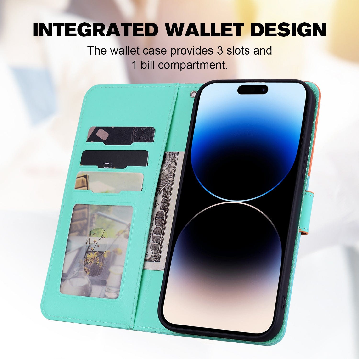 A Cute Cartoon iPhone 16 Pro Max Wallet Case, featuring shockproof flip cover with stand, drop protection, and integrated card slots for three cards and one bill compartment, displayed with an iPhone inside.
