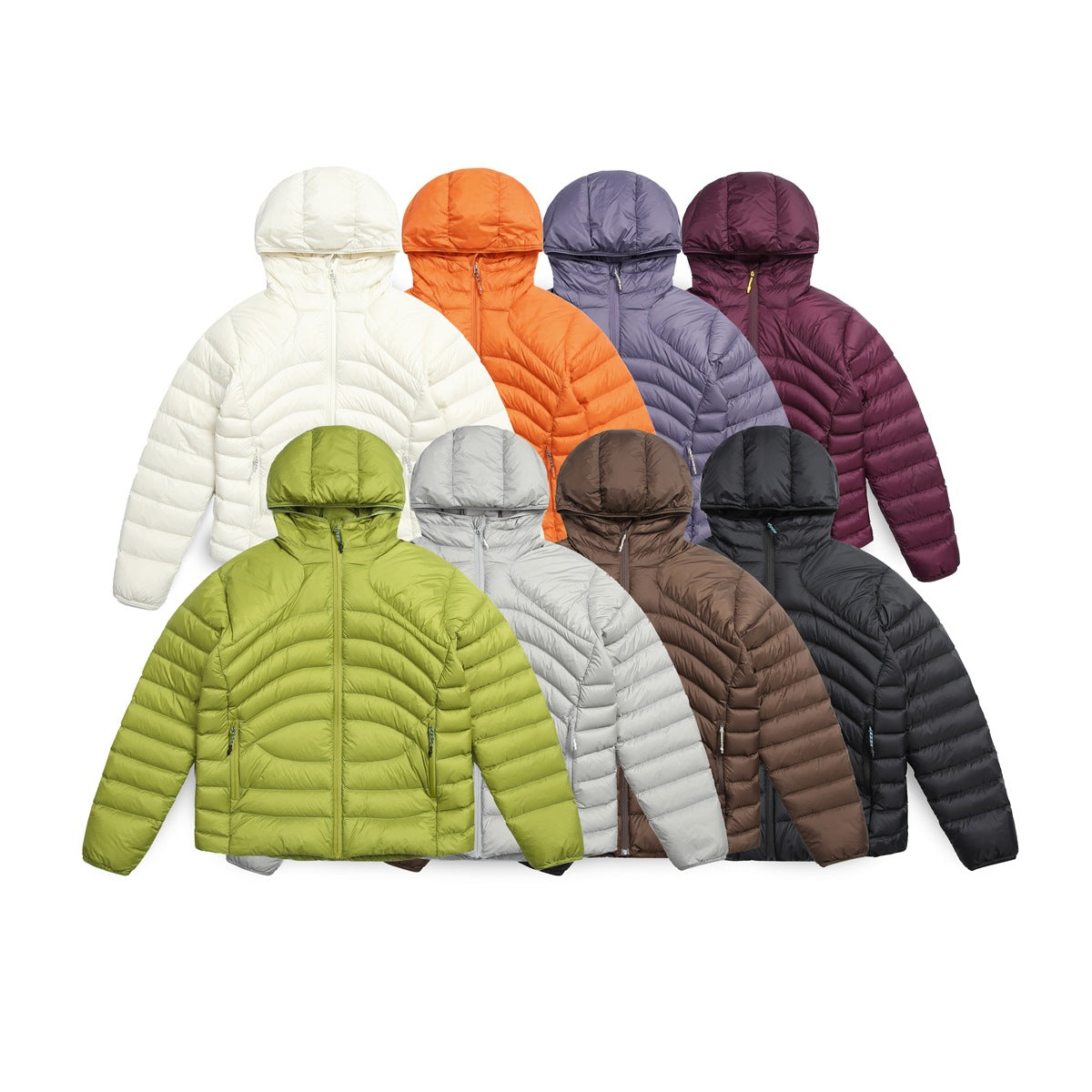 Eight hooded puffer jackets are arranged together in white, orange, lavender, plum, green, gray, brown, and black.
