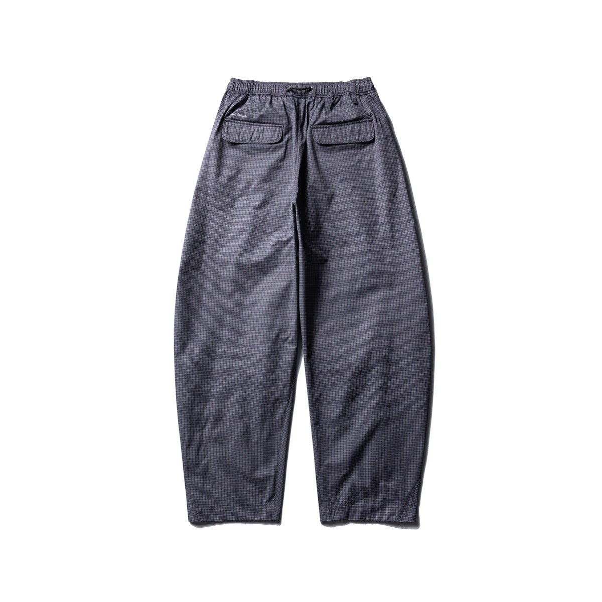 Back view of charcoal check trousers with an elastic drawstring waist and two flap back pockets.