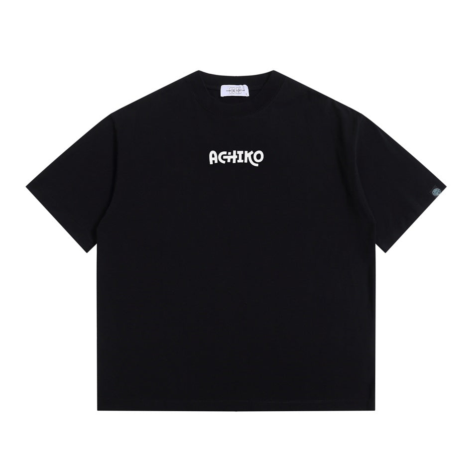 Black short-sleeve crew-neck T-shirt with white logo print at center chest, flat front view