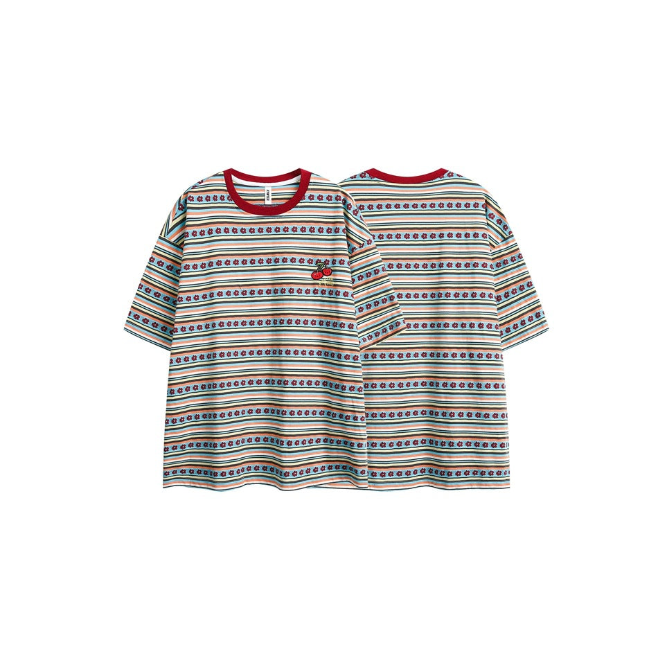 Striped short-sleeve T-shirt shown from the front and back, with a red collar and small cherry embroidery on the chest.