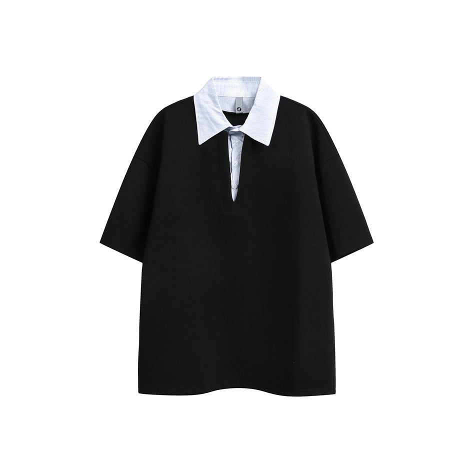 Black short-sleeve polo-style top with a pinstriped white and light blue collar and deep V placket, flat front view