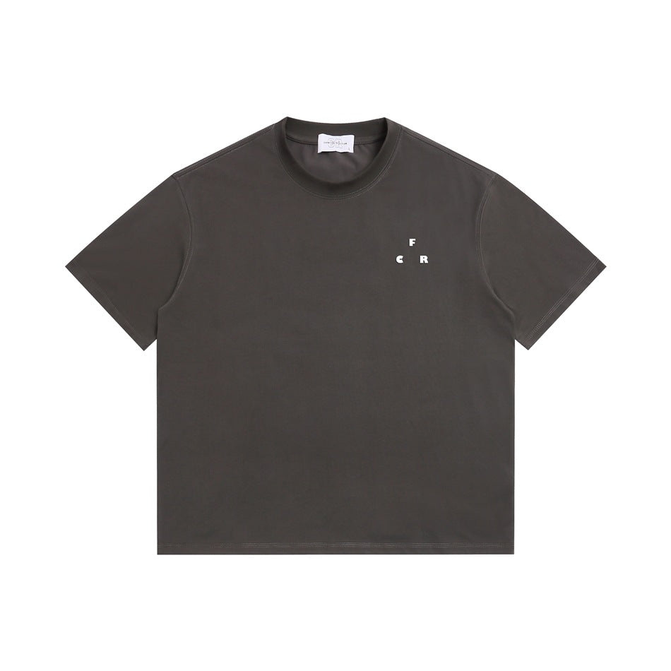 Dark gray short-sleeve crew-neck T-shirt flat lay with a small white F C R print on the left chest