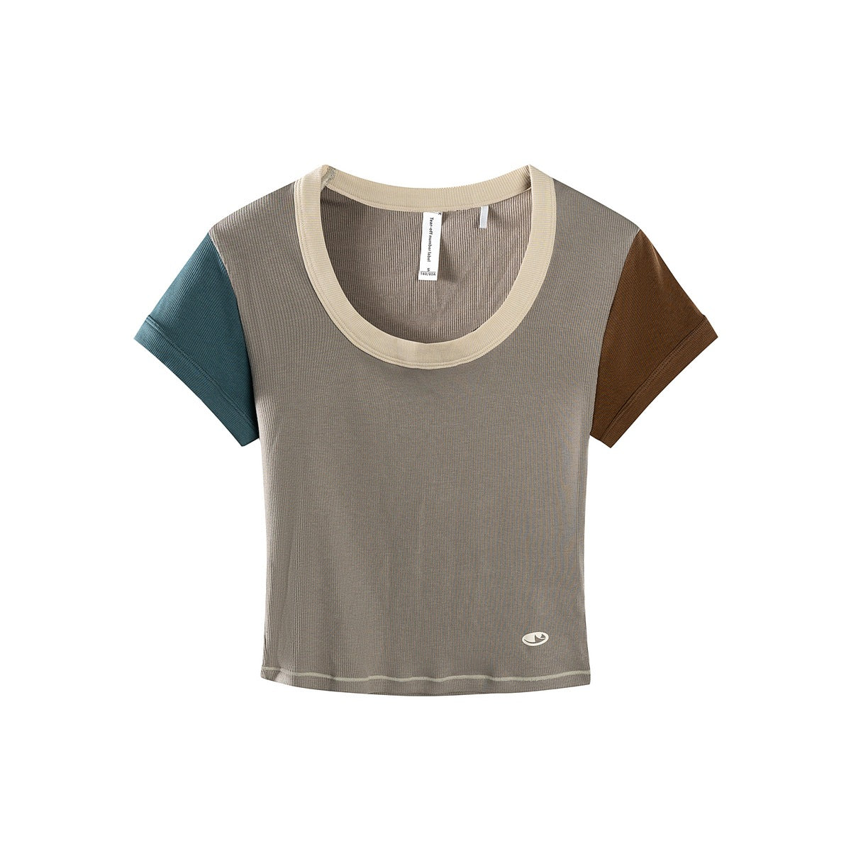 Taupe-brown ribbed cropped tee with beige neckline trim, teal left sleeve and brown right sleeve, flat lay front view