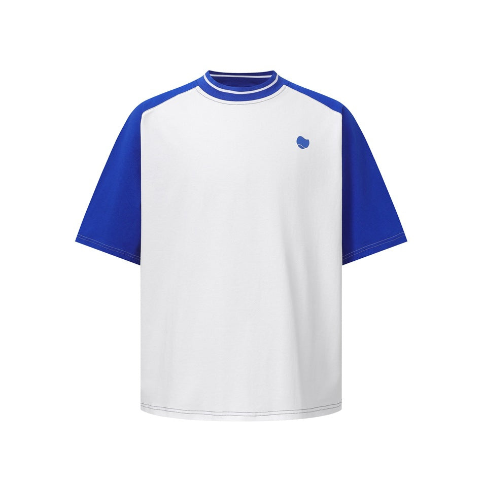 Front view of a white T-shirt with royal blue raglan sleeves, a striped collar and a small chest emblem.