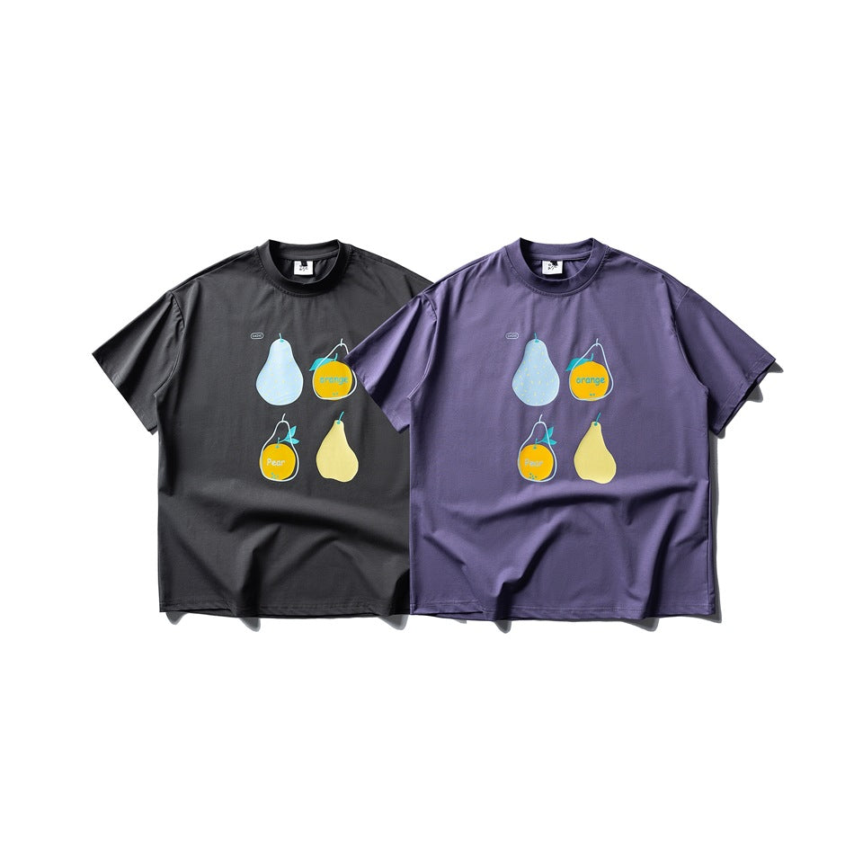 Two short-sleeve crew-neck T-shirts shown from the front in black and purple, each with colorful fruit graphics.