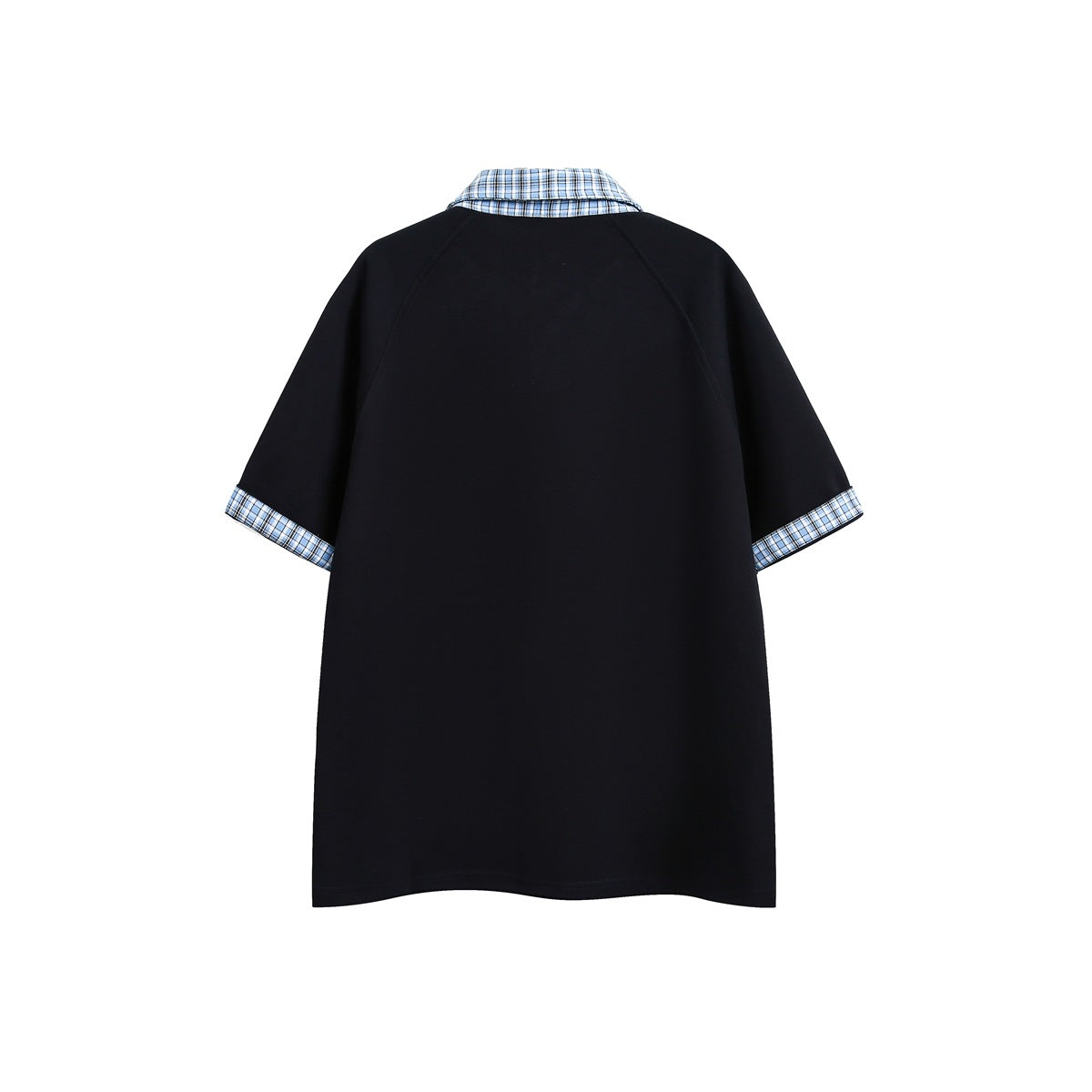 Back view of a black short-sleeve shirt with a blue plaid collar and matching sleeve cuffs.
