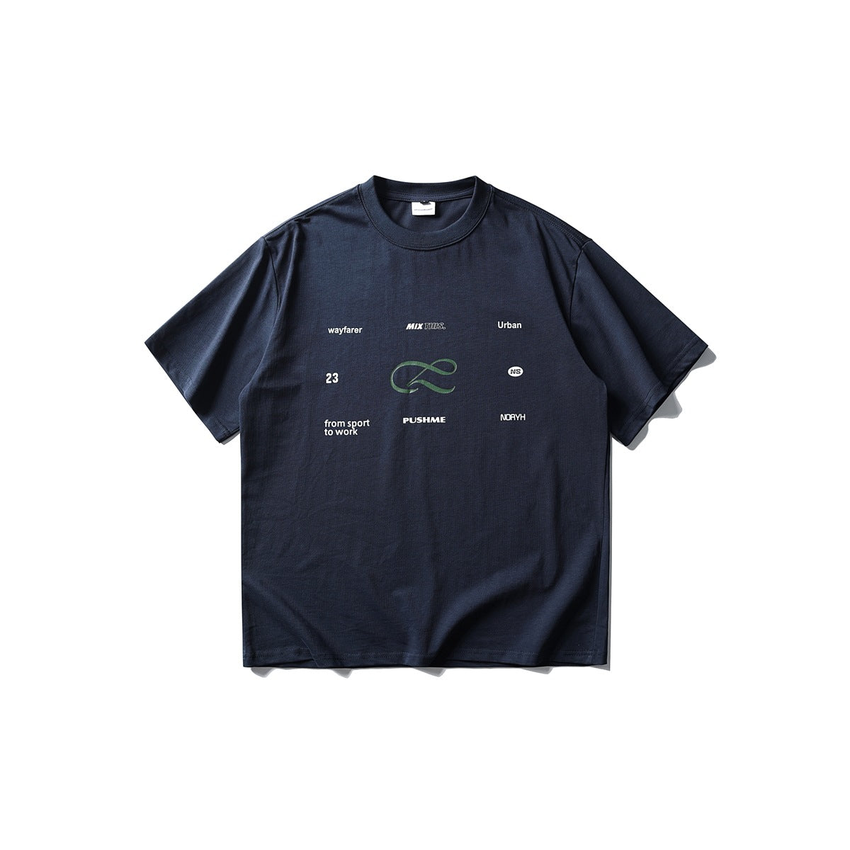 Navy short-sleeve crew-neck T-shirt flat lay with white text and green ribbon graphic on the front