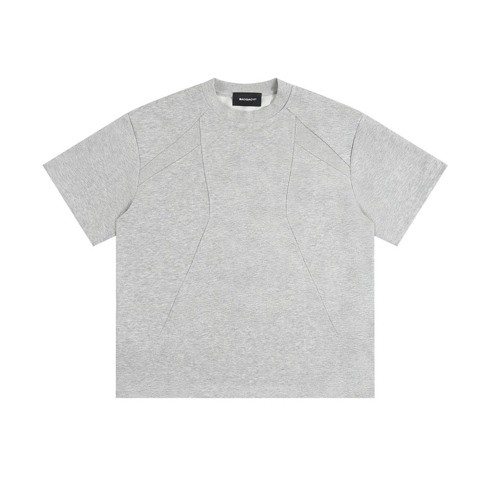 Heather gray short-sleeve crewneck T-shirt flat lay with curved seams and diagonal ribbed shoulder panels