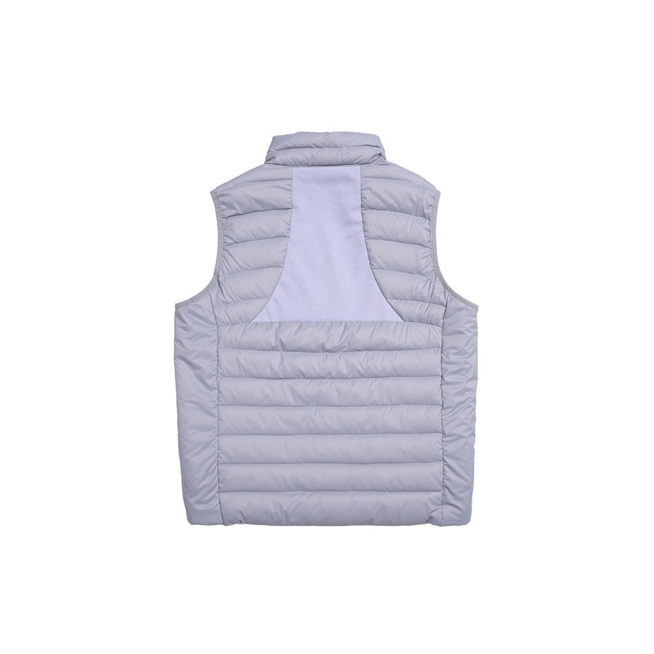 Rear view of a light gray quilted sleeveless vest with a raised collar and contrasting center-back panel.