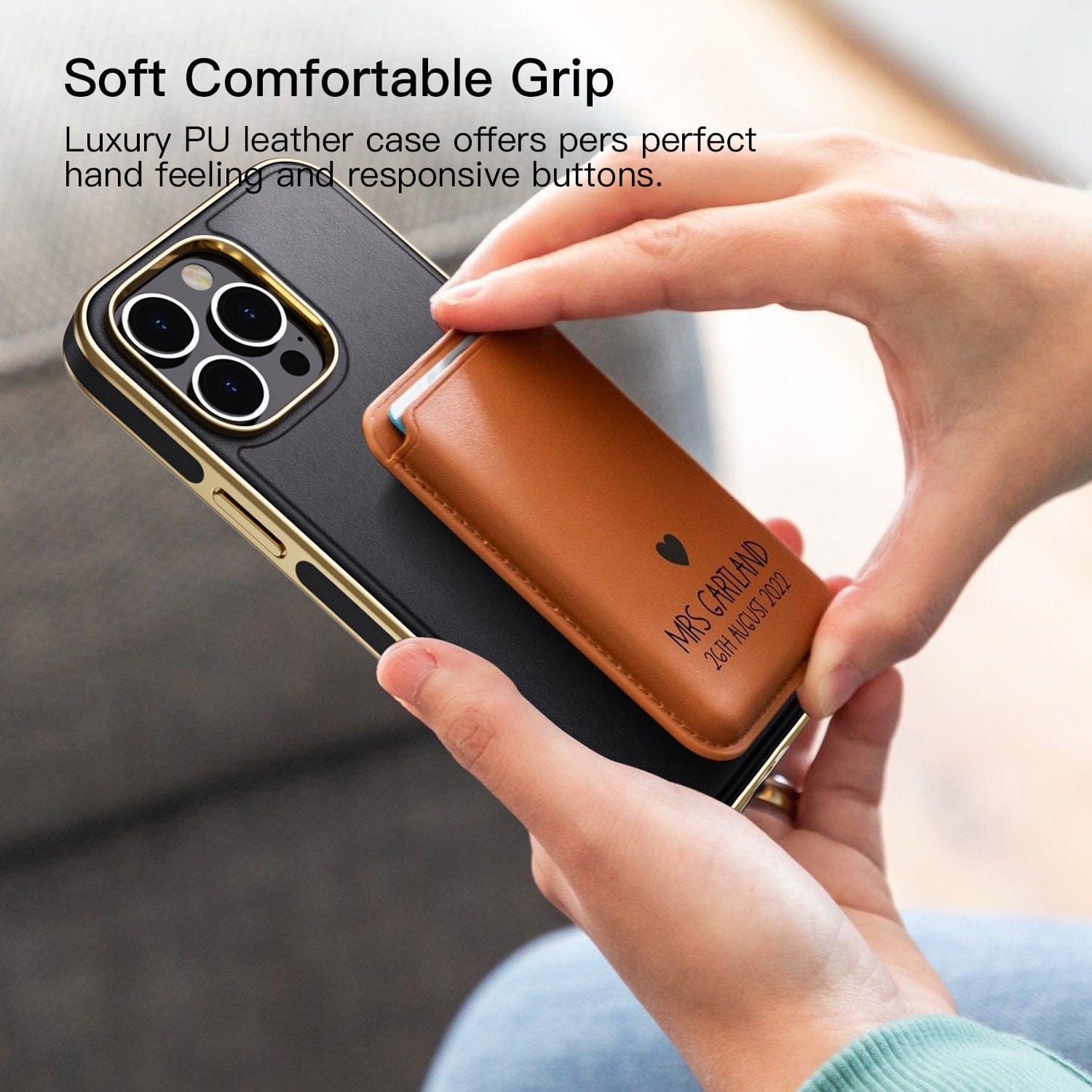 A person holds an iPhone 16 Pro Max MagSafe Case with a luxury PU leather finish and detachable cardholder featuring the text 'Mrs. Grand Mom to Augustus 2022'. The text on the image reads 'Soft Comfortable Grip' and describes the case's multi-layer protection features.