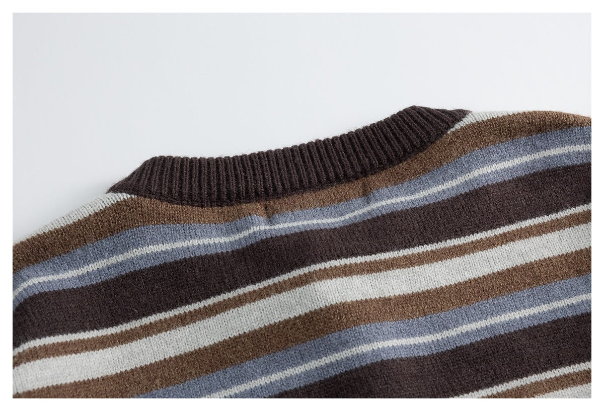 Close-up of a ribbed crew neckline and shoulder on a brown, cream, and blue-gray striped knit sweater.