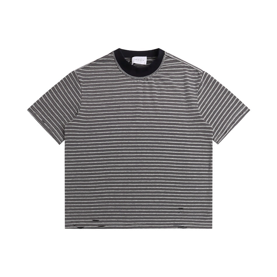 Front view of a gray T-shirt with fine black horizontal stripes, short sleeves, and a black crew neck.
