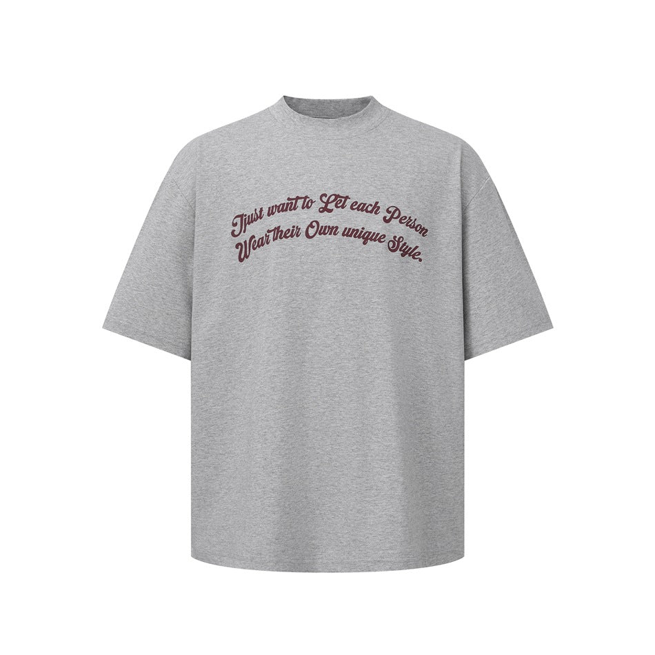 Heather gray short-sleeve T-shirt with burgundy script slogan printed across the chest, flat front view