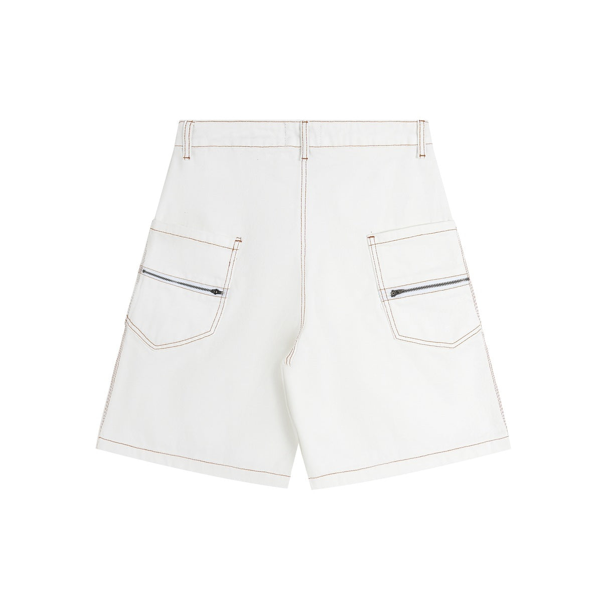Back of white denim shorts with orange-brown contrast stitching and zippered patch pockets