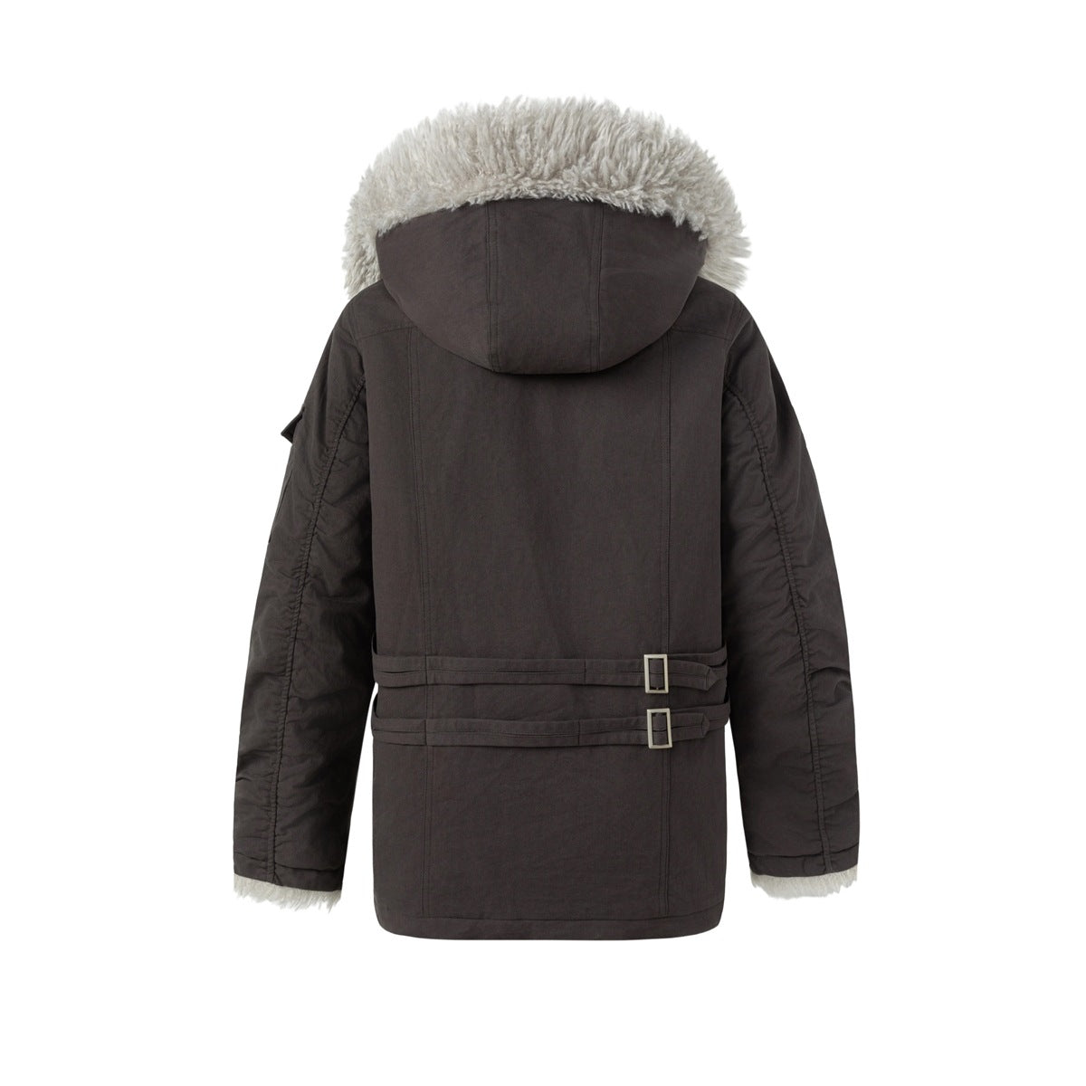 Back view of dark gray hooded parka with light gray fluffy hood trim and two buckled straps at the waist