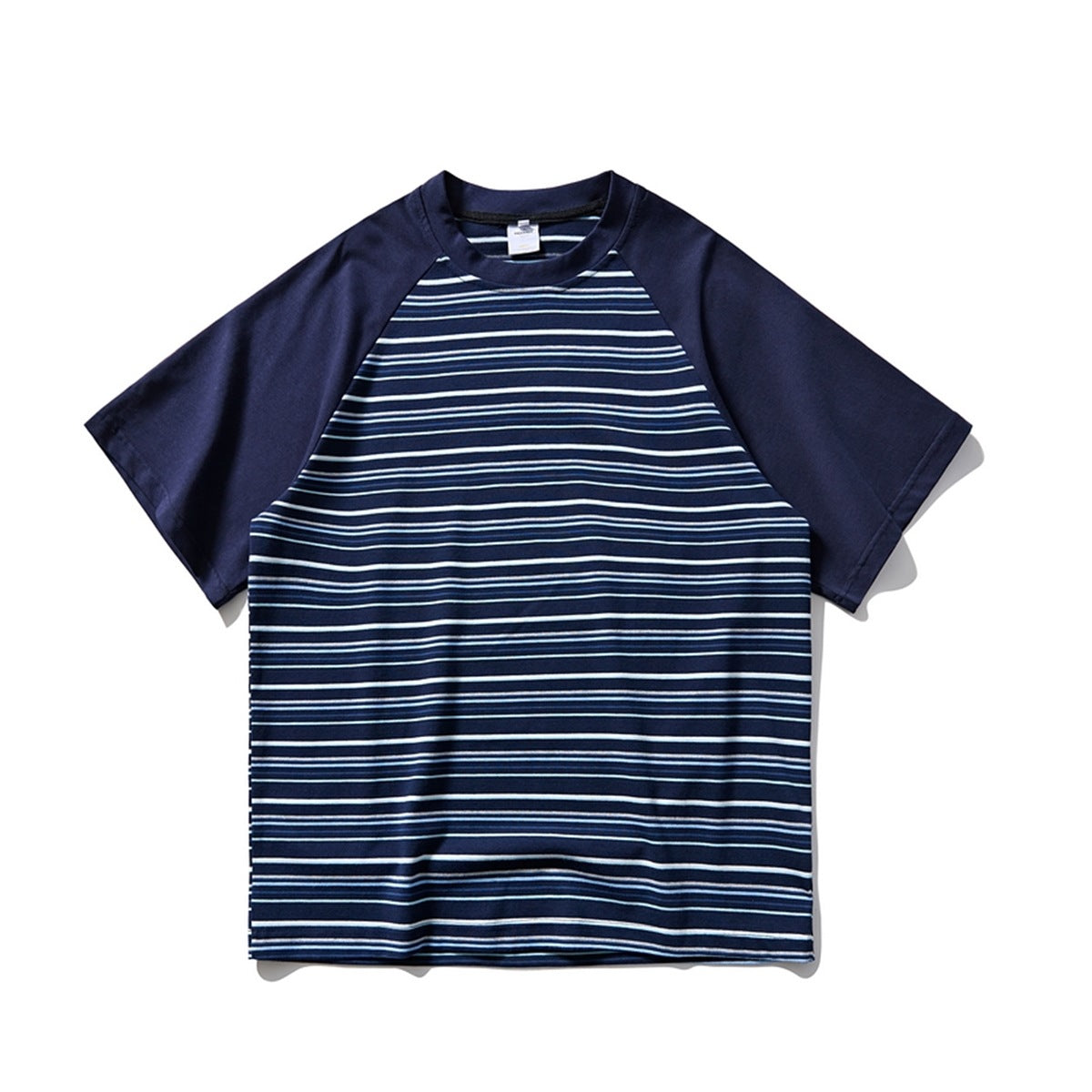 Navy raglan short-sleeve T-shirt with white and blue horizontal stripes on the body, flat lay front view