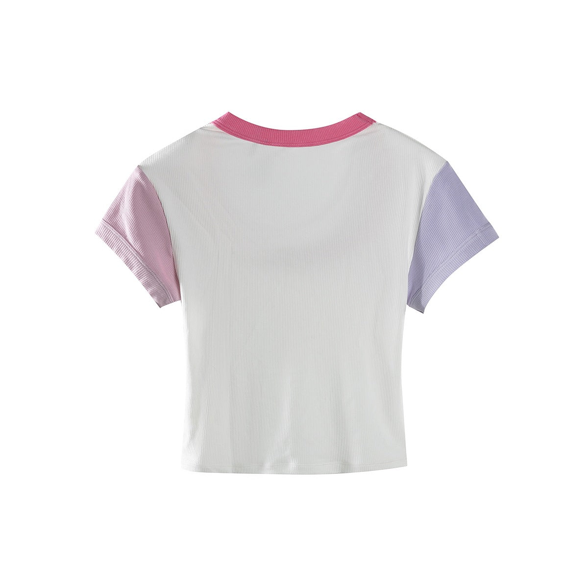 Back of a white ribbed short-sleeve top with a pink neckline, pink sleeve, and lavender sleeve.