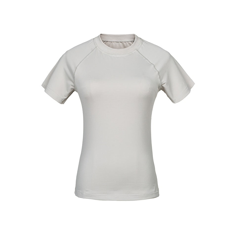 Front view of a plain light gray short-sleeve raglan T-shirt with a crew neck.