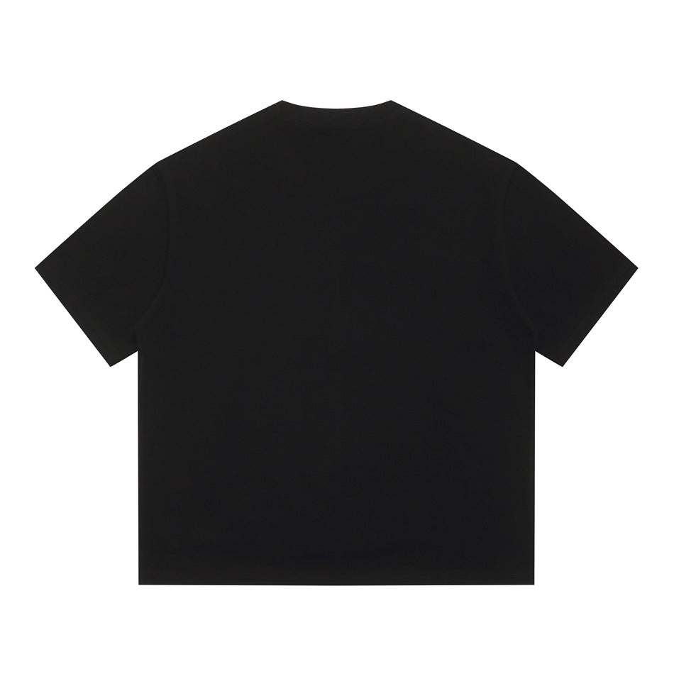 Back view of a plain black short-sleeve T-shirt flat lay with a crew neckline and no visible graphic