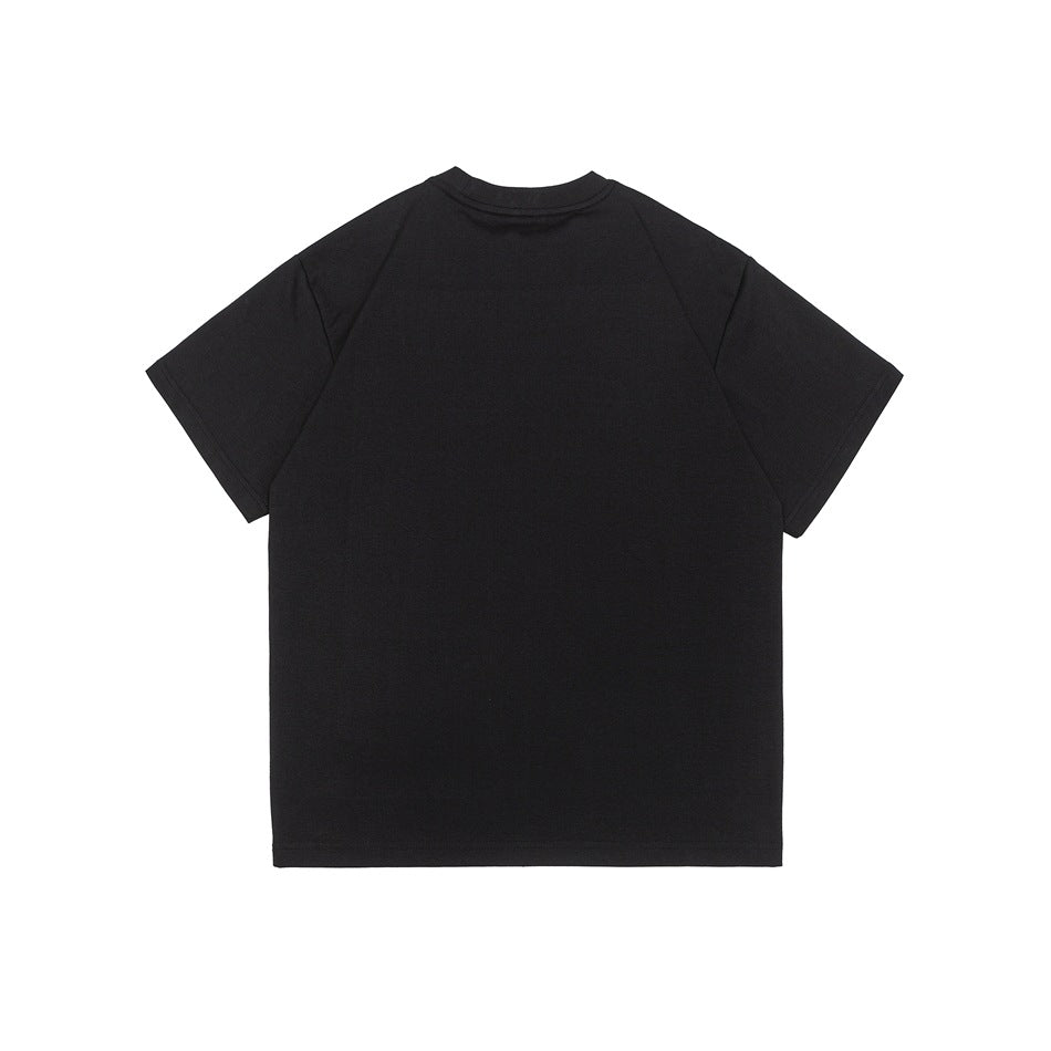 Back view of a plain black short-sleeve crew-neck T-shirt with no graphic, flat lay