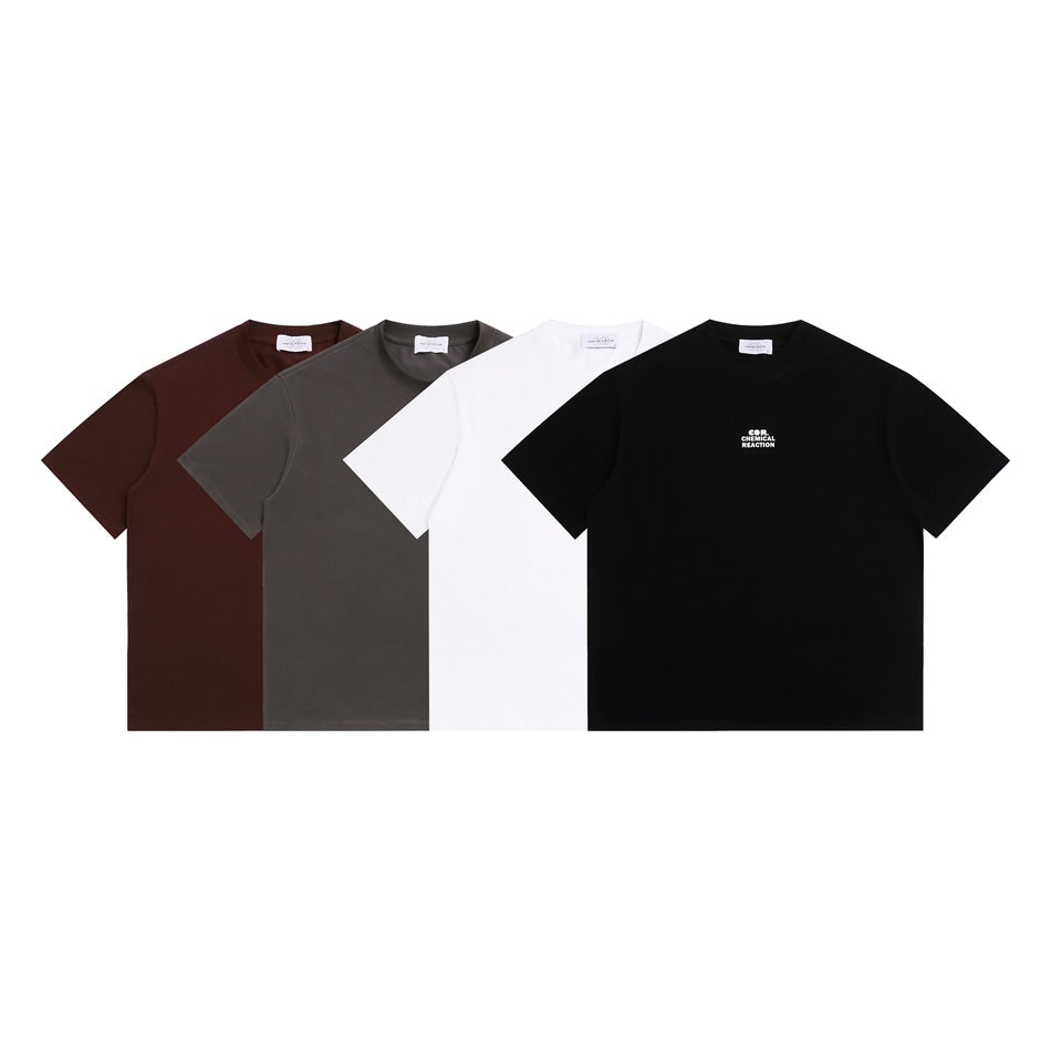 Four short-sleeve crew-neck T-shirts shown from the front in burgundy, charcoal gray, white, and black.