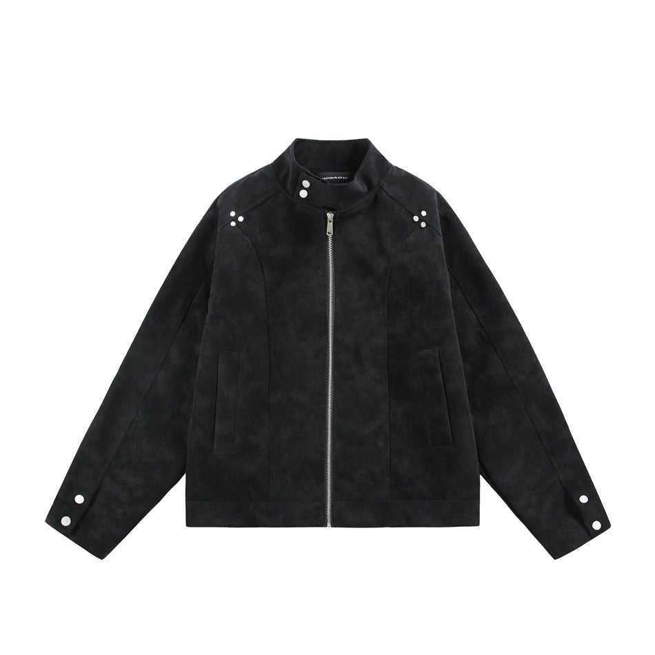 Black stand-collar zip jacket with a matte mottled suede-like finish, silver snaps at the collar, shoulders and cuffs