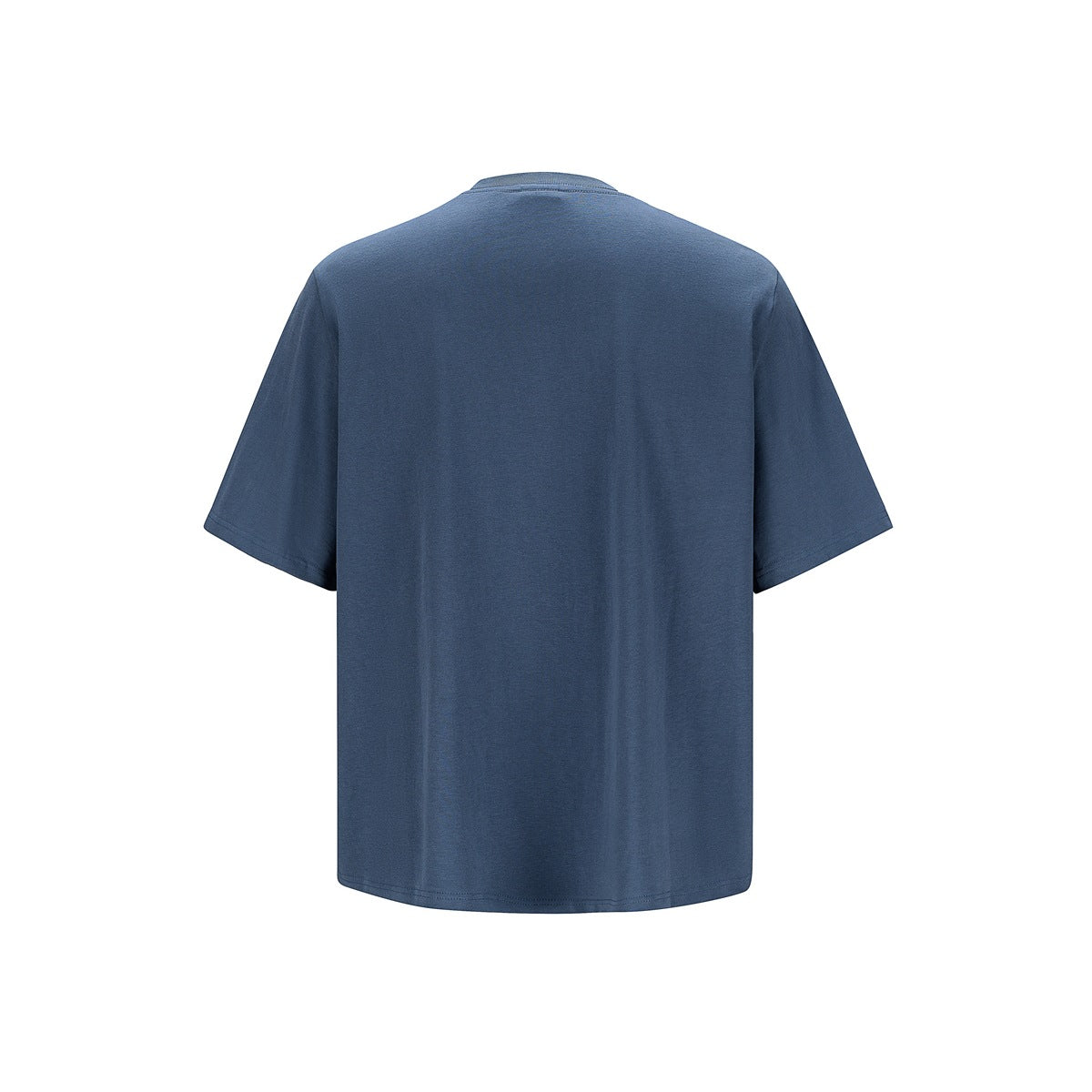 Back view of a plain slate-blue short-sleeve crew-neck T-shirt.