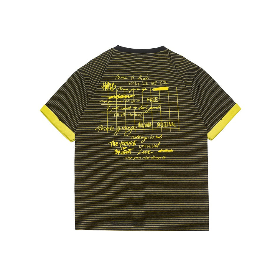 Back view of a black T-shirt with fine yellow stripes, yellow sleeve cuffs, and a large yellow text graphic.