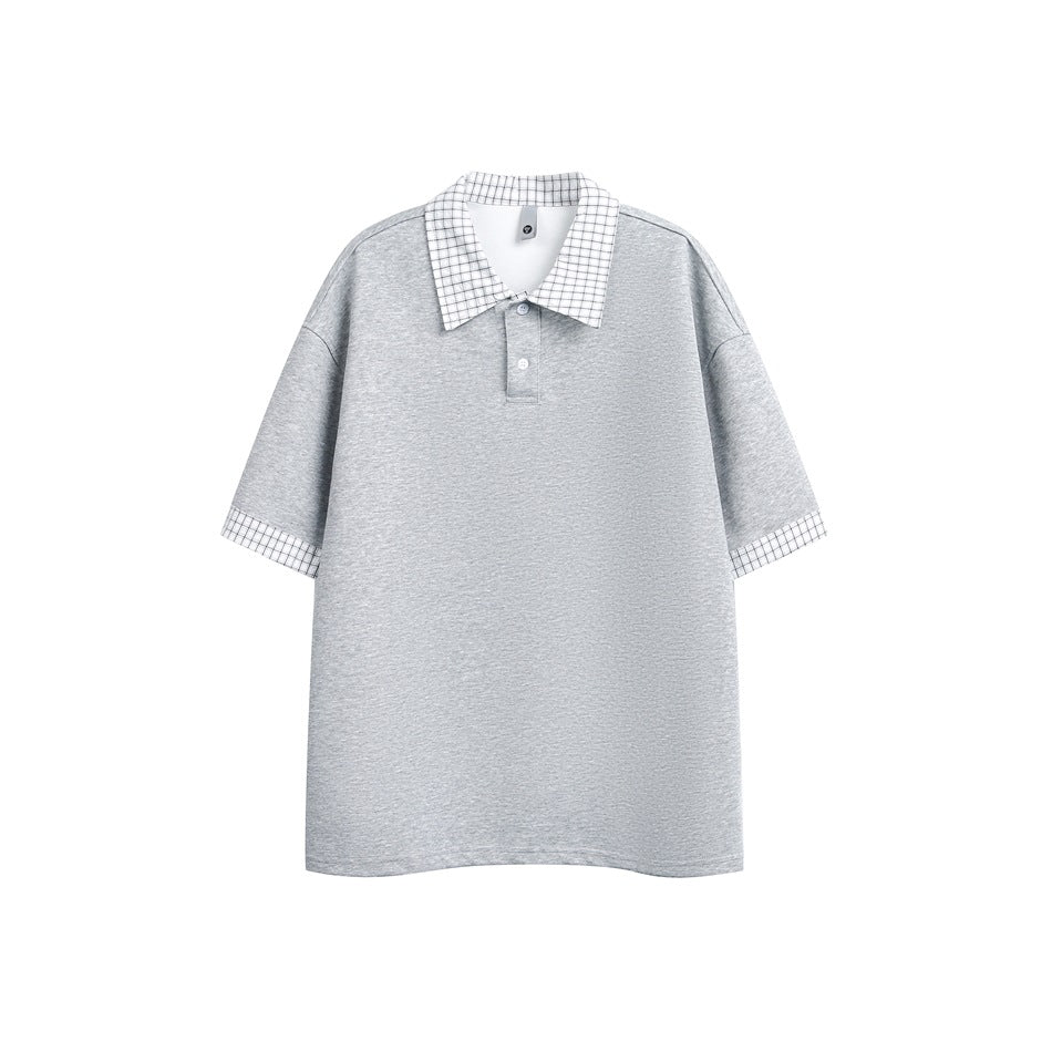 Heather gray short-sleeve polo with white grid-plaid collar and sleeve cuffs, flat lay front view