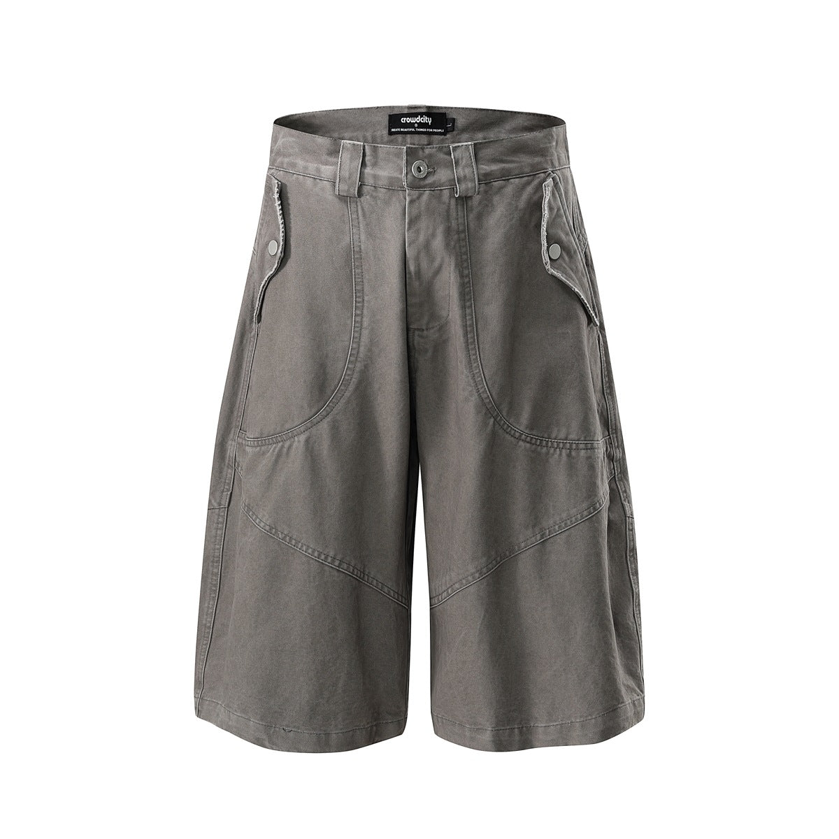 Front view of gray-green wide-leg knee-length shorts with flap pockets, snap buttons and curved seams