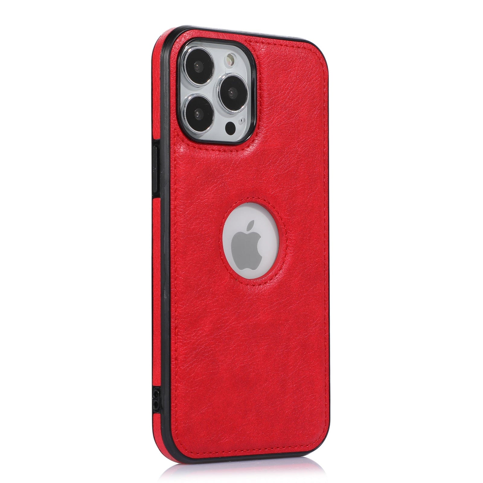 A red premium synthetic leather iPhone 16 Pro Max case, featuring a circular cutout that reveals the Apple logo on the back of your phone.