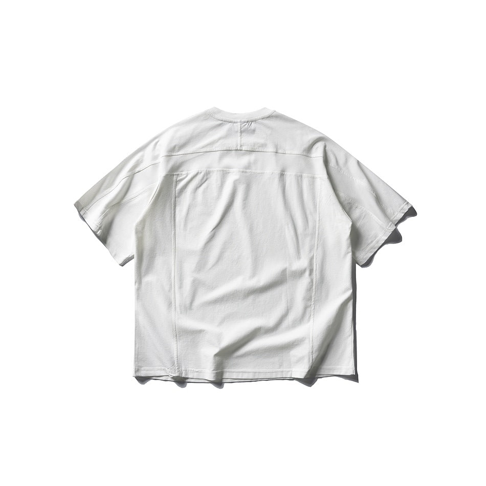 Back view of a white short-sleeve crew-neck shirt with panel seams and a straight hem.