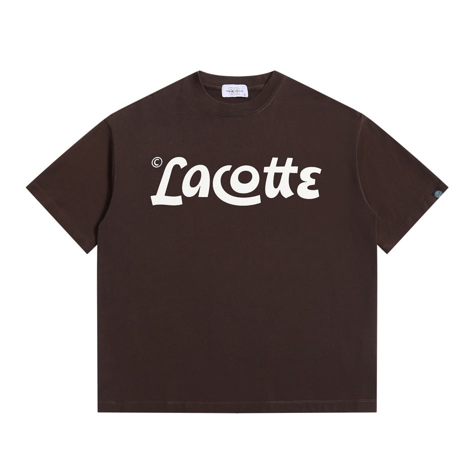 Dark brown short-sleeve crewneck T-shirt with a large cream script wordmark print on the chest, flat front view
