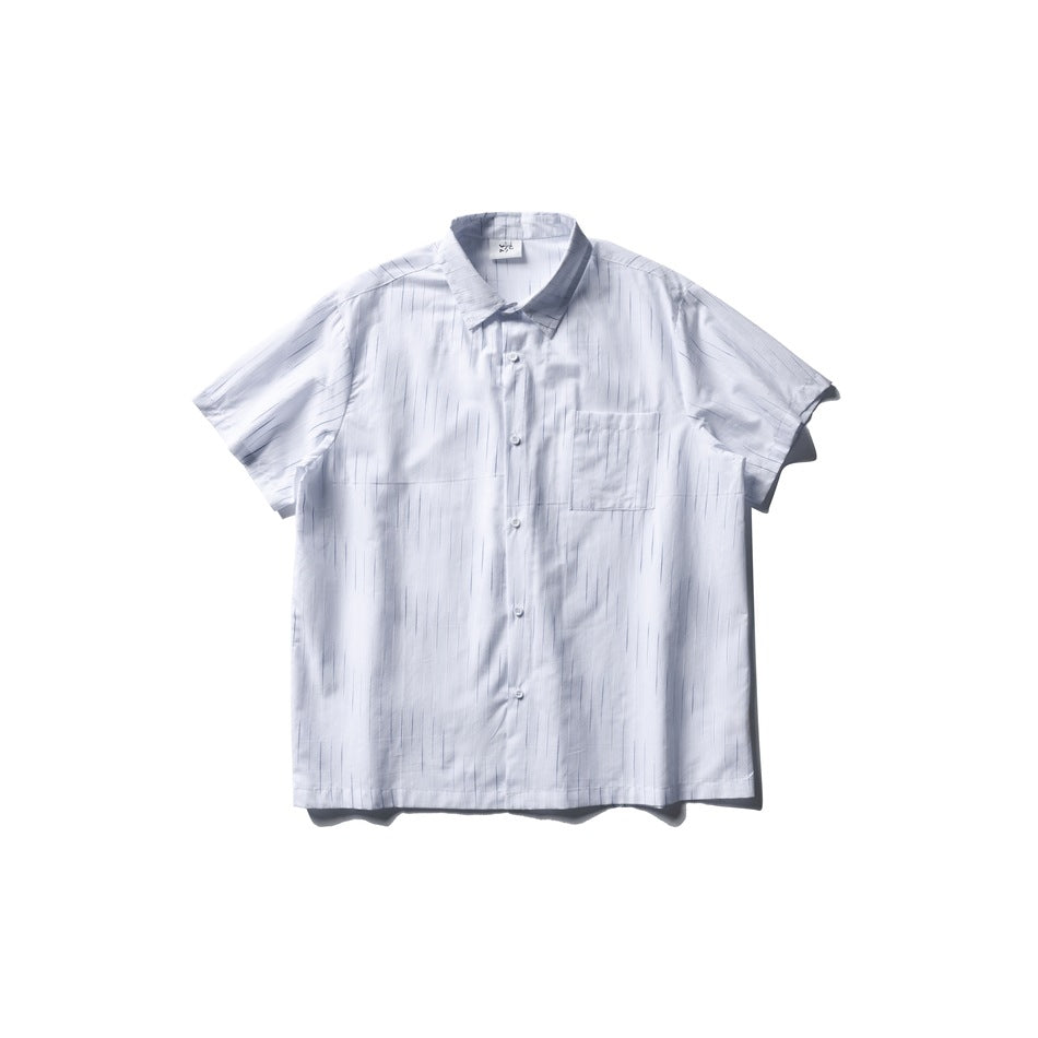 Front view of a white short-sleeve button-up shirt with subtle vertical stripes and a single chest pocket.