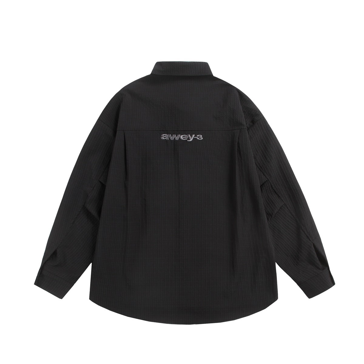 Back view of a black textured-stripe long-sleeve shirt with gray embroidered lettering on the pleated back yoke
