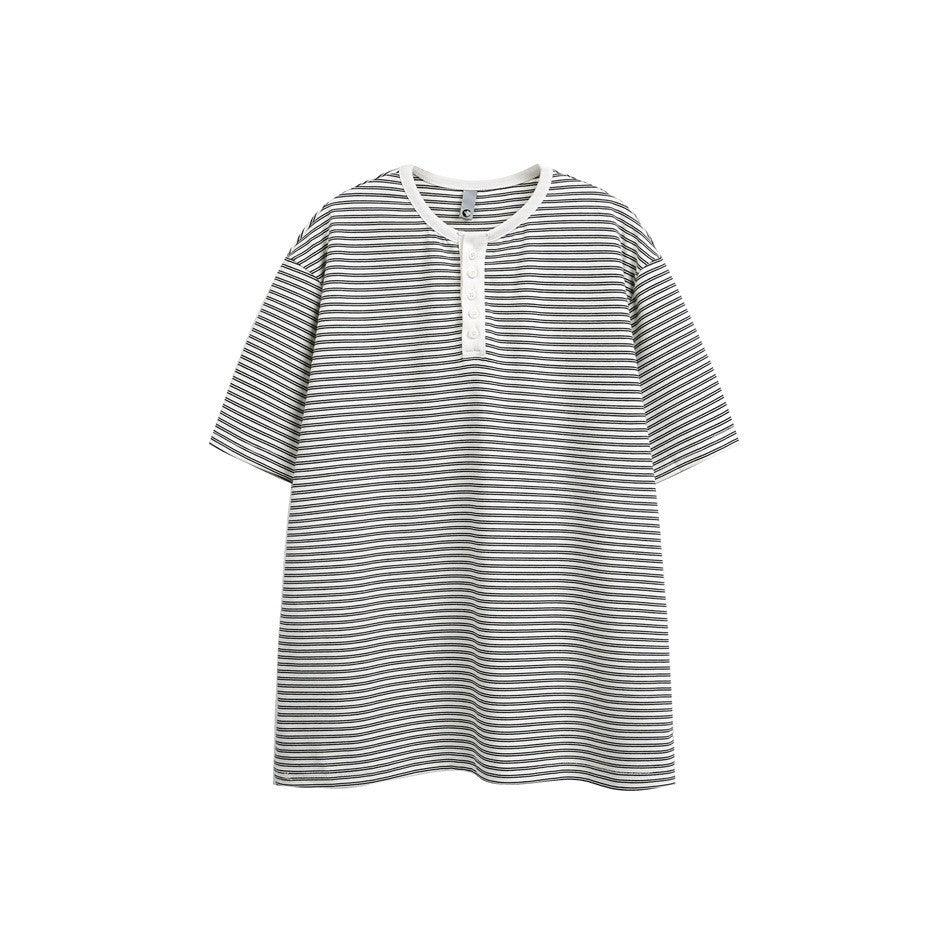White and black striped short-sleeve Henley T-shirt with white buttons and white collar trim, flat front view
