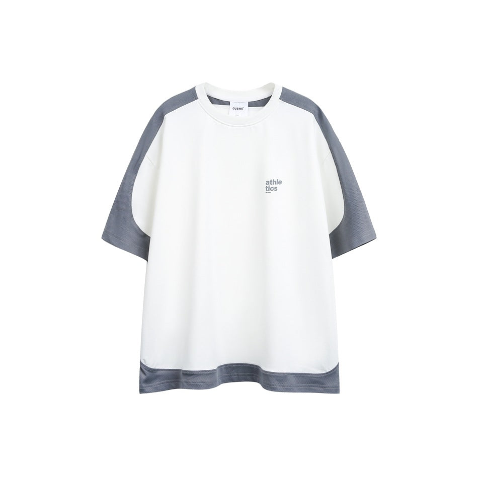 White short-sleeve crew-neck T-shirt with gray mesh-textured sleeves, gray hem band and small gray chest print