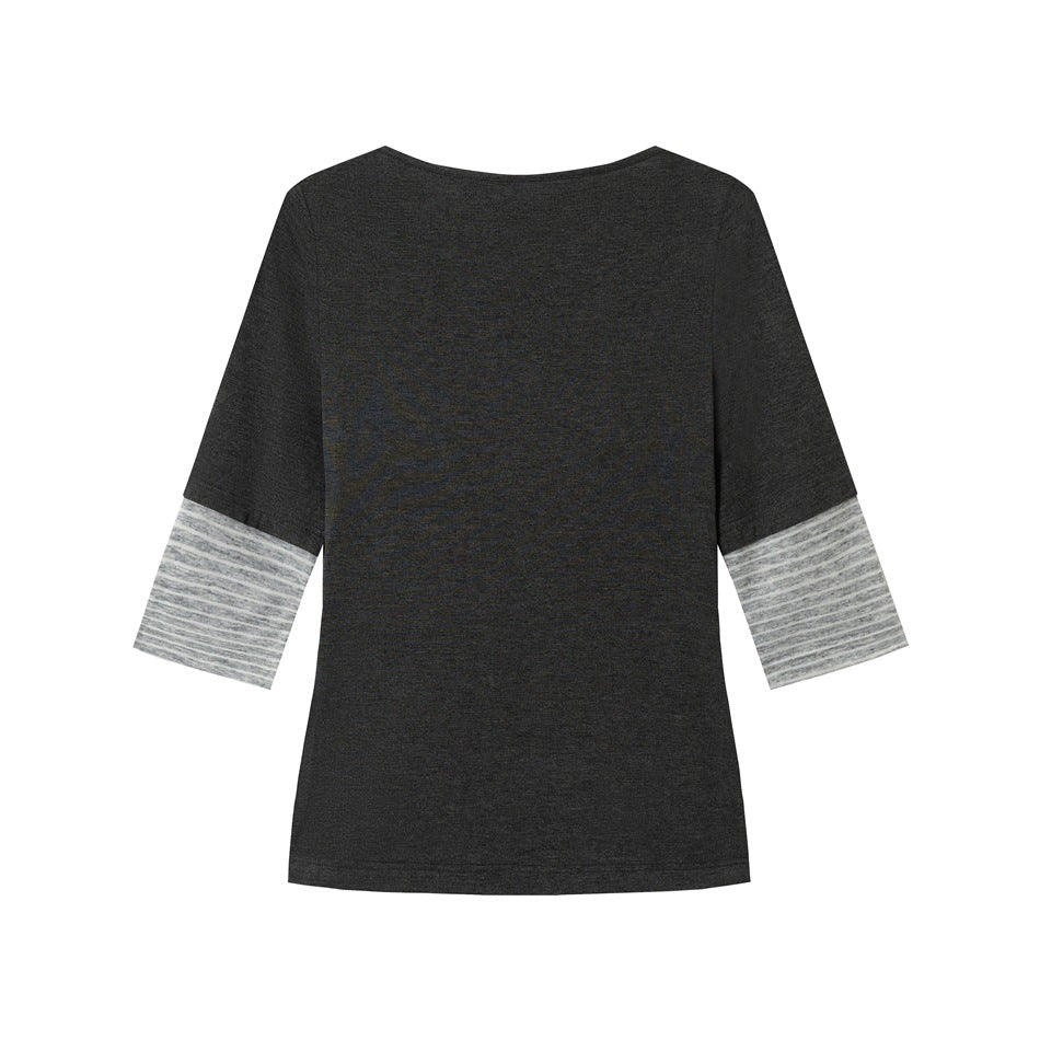 Back view of dark gray top with a rounded neckline and light gray striped sleeve cuffs, flat lay