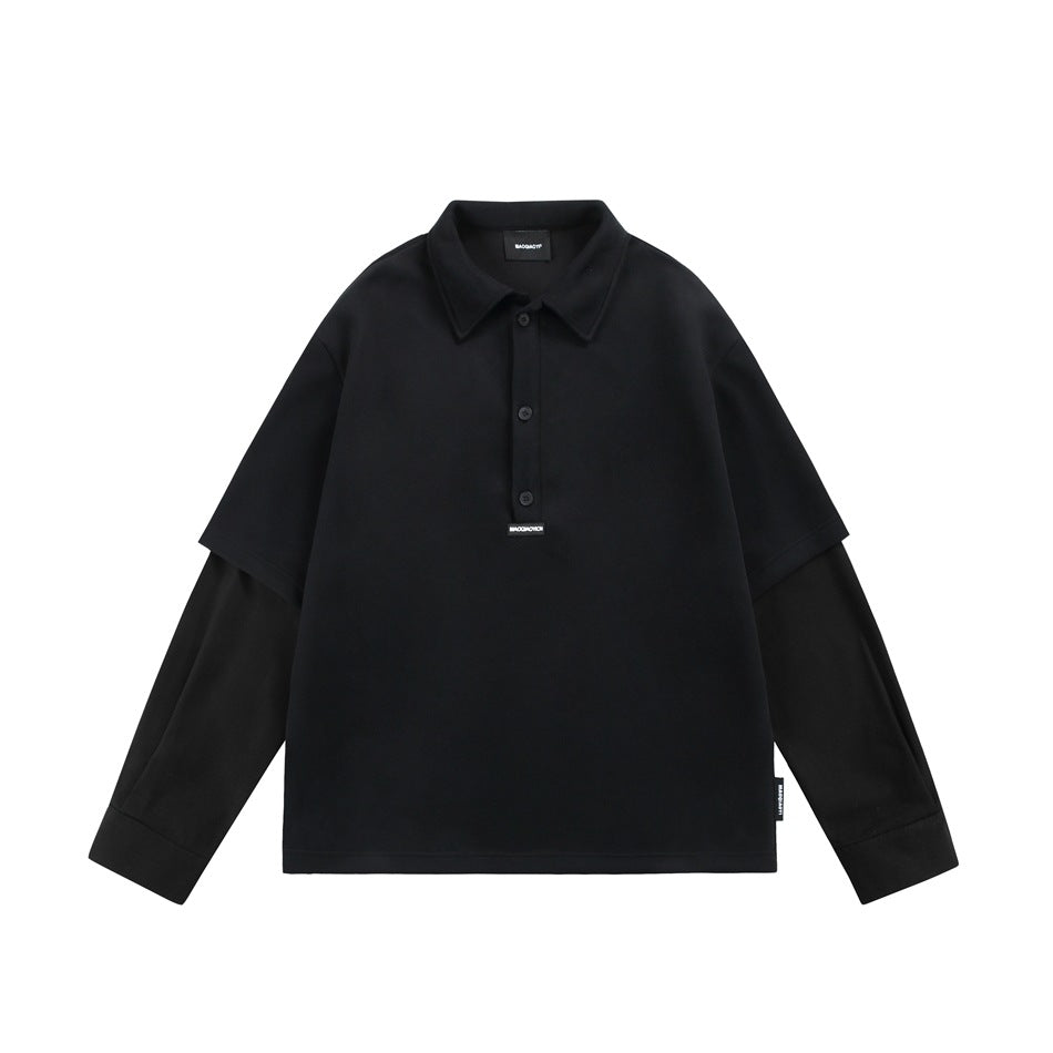 Black layered polo-collar sweatshirt with three-button placket and buttoned cuffs, flat front view