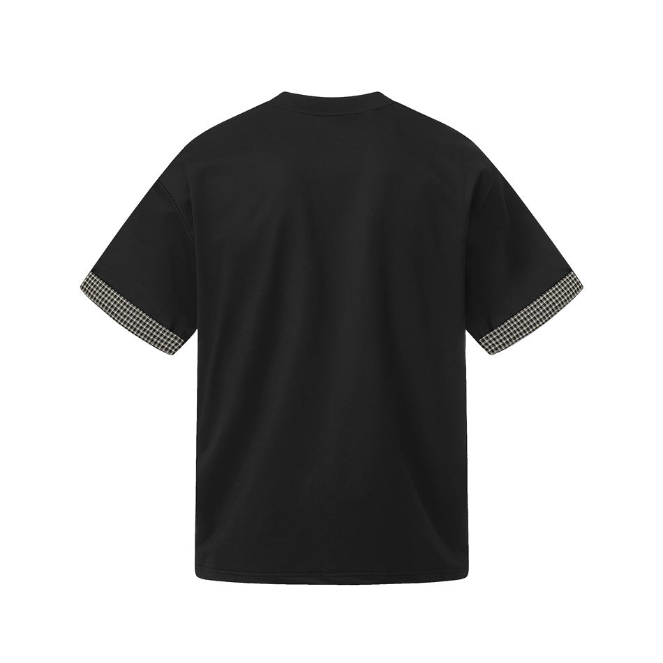 Back view of a black short-sleeve T-shirt with checked trim on the sleeve cuffs.