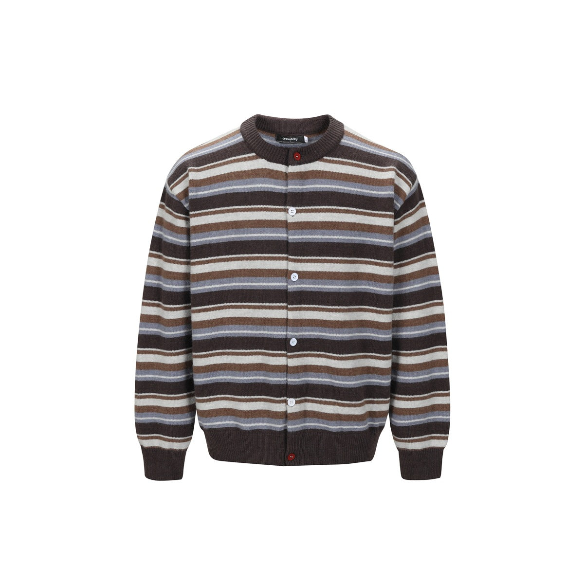 Brown, cream and blue-gray striped button-front knit cardigan with crew neck, ribbed trim and red accent buttons