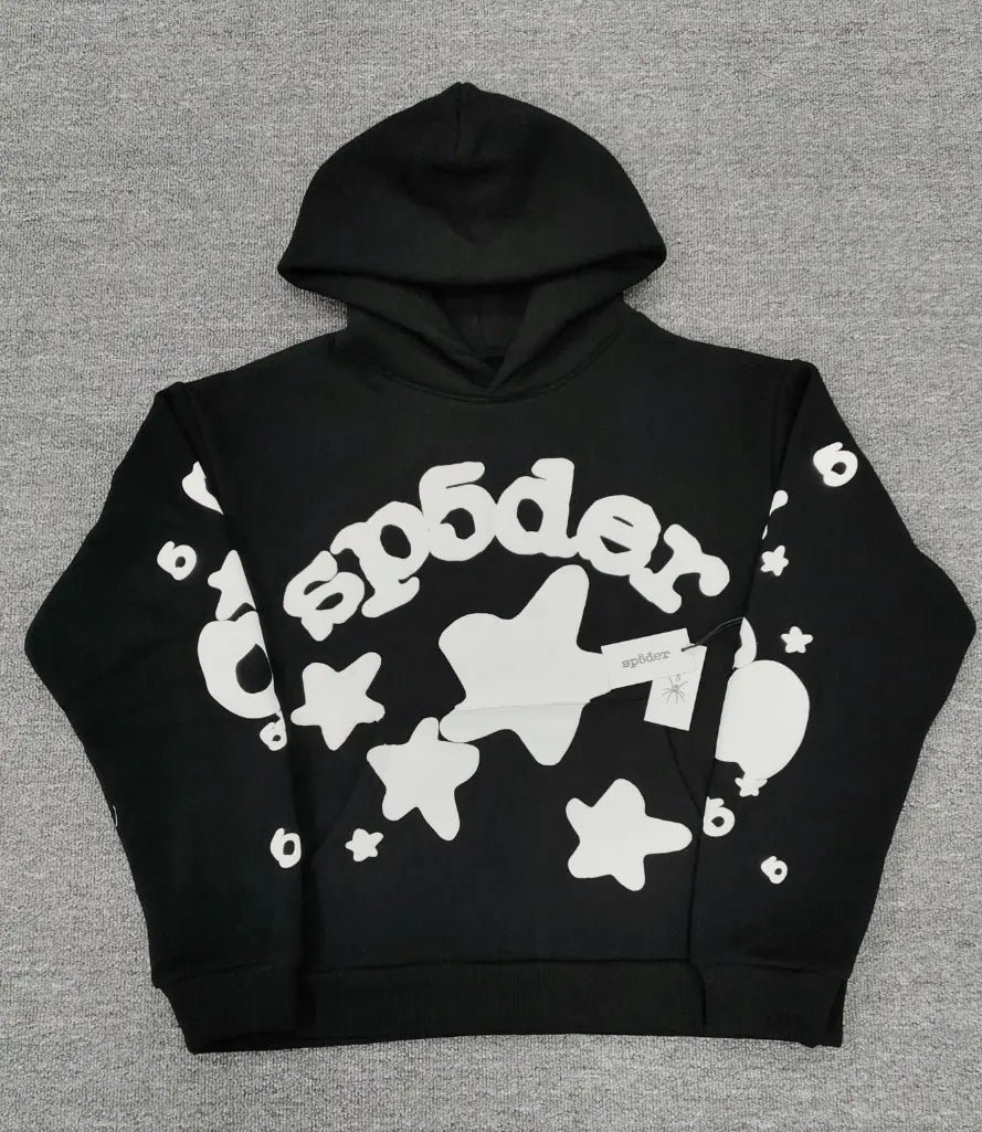 Sp5der black pullover hoodie with white bold logo lettering and star graphic print on chest and sleeves