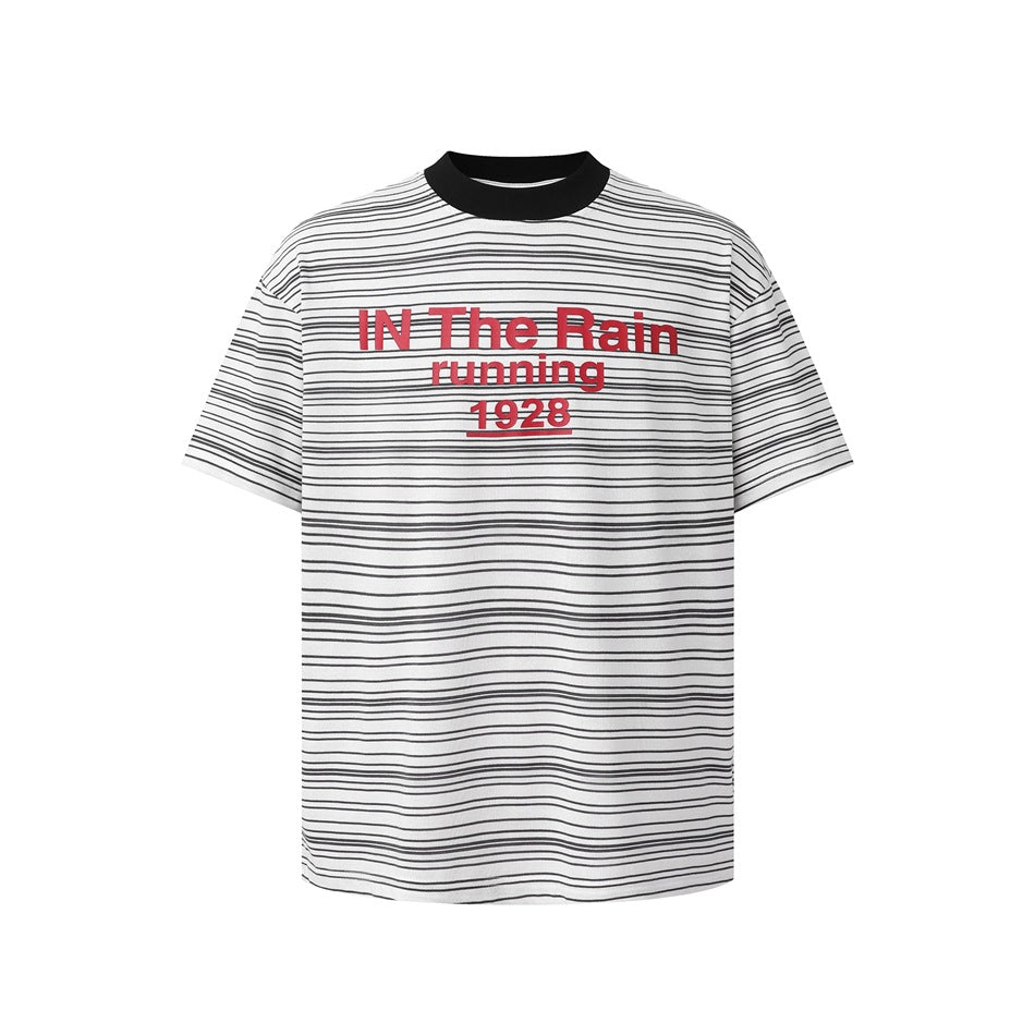 Black and white striped short-sleeve T-shirt with black collar and red 'IN The Rain running 1928' print, front view