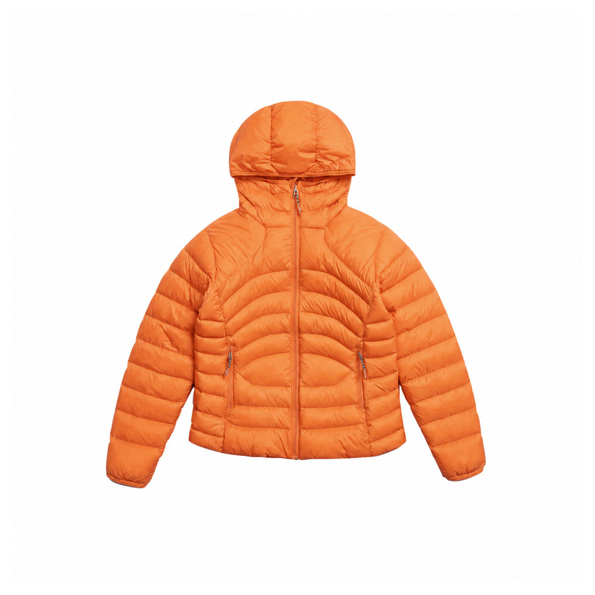 Orange hooded quilted puffer jacket with center zipper and zip pockets, flat lay front view