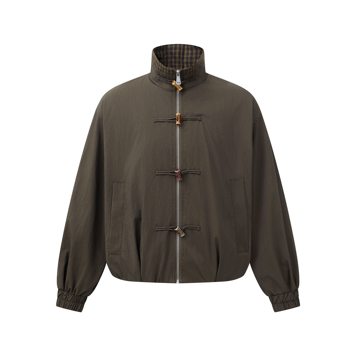 Brown stand-collar zip jacket with four toggle closures, front slip pockets and elastic cuffs, flat front view