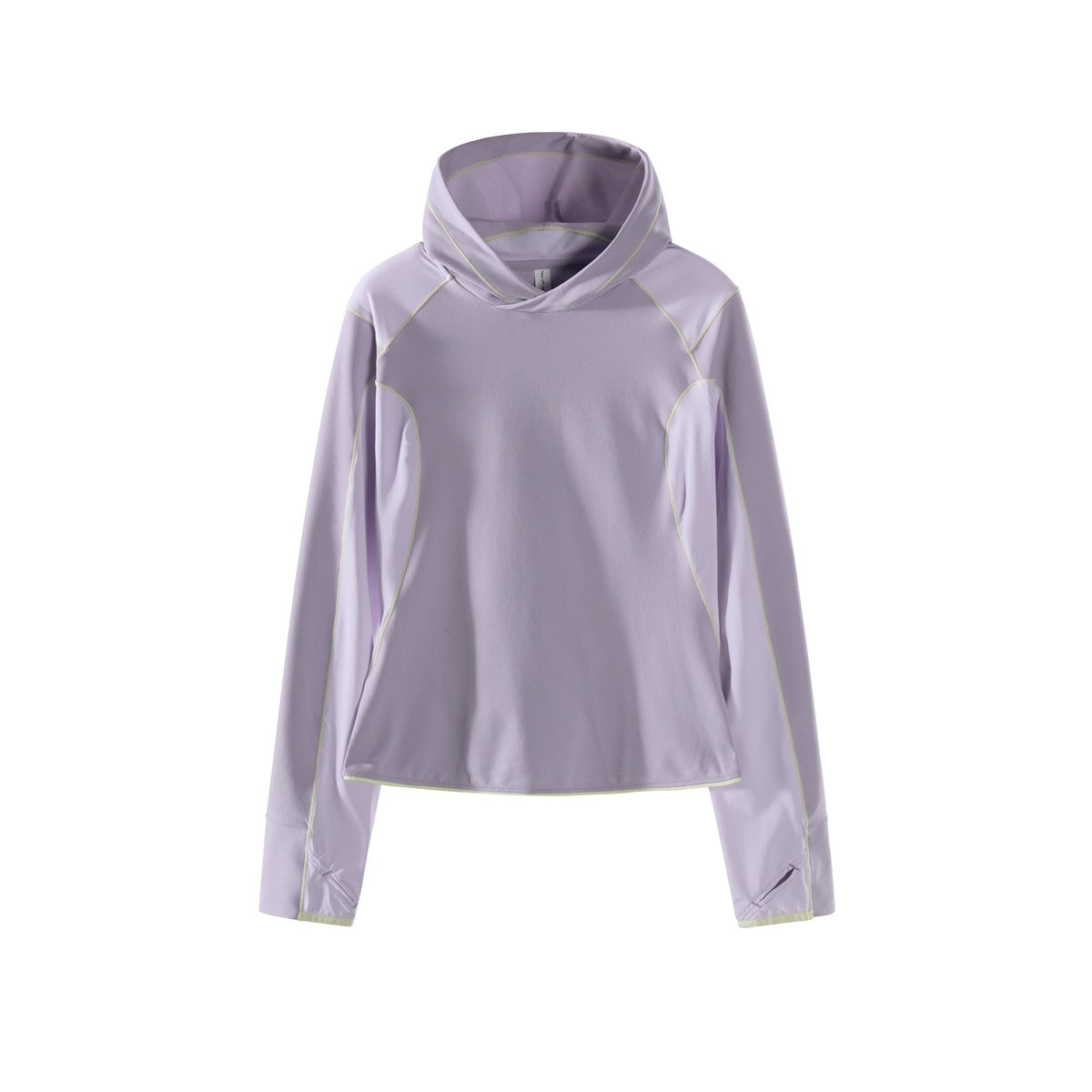 Light purple pullover hoodie with lilac panels and pale yellow contrast stitching, flat front view