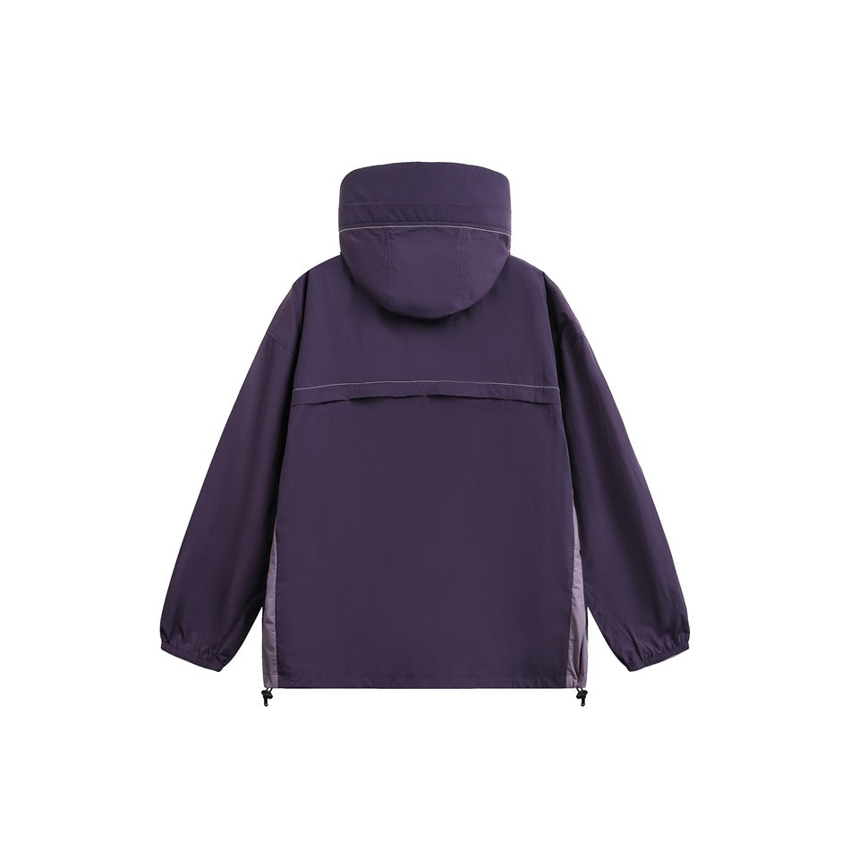 Back view of a dark purple hooded jacket with elastic cuffs and an adjustable drawcord hem.