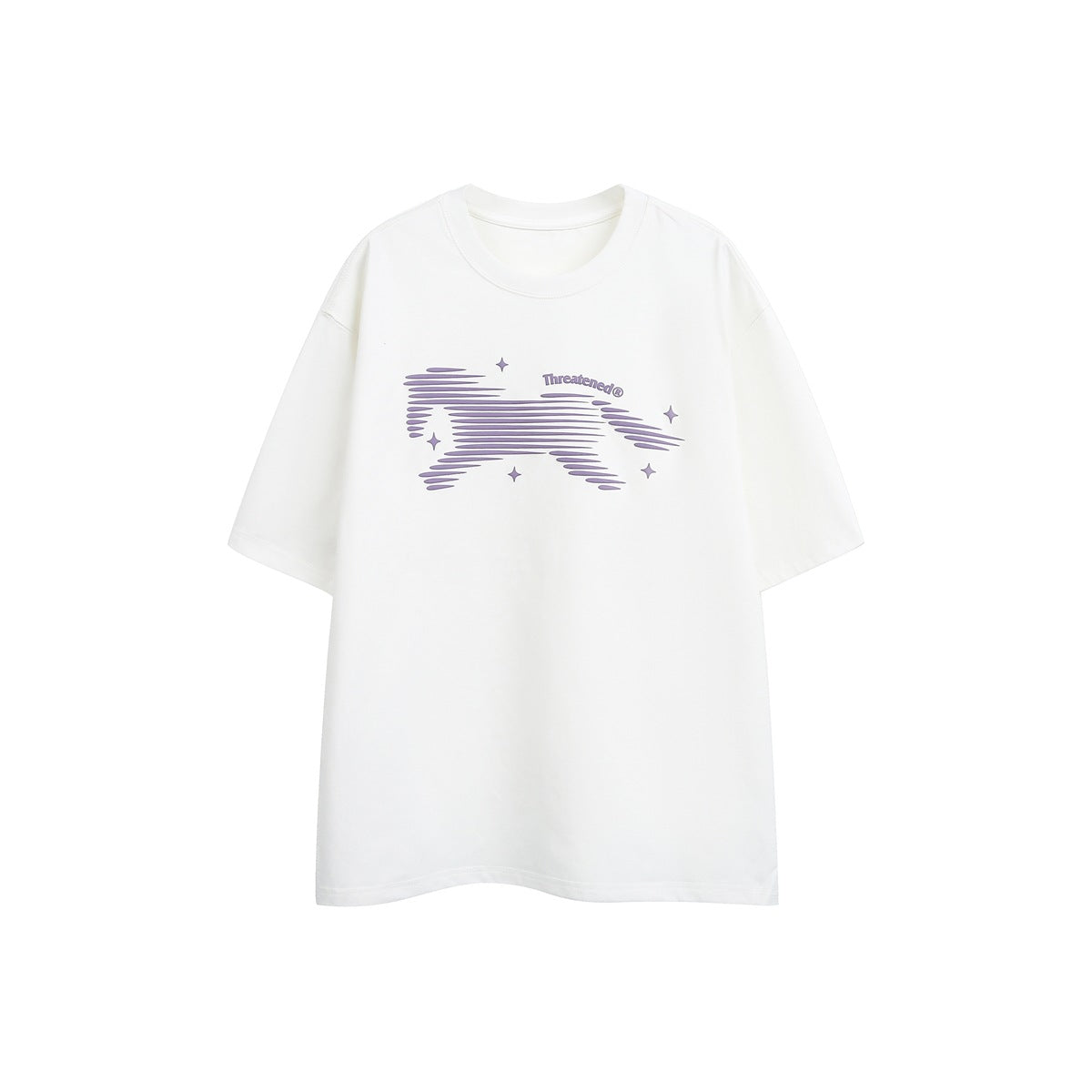 Off-white short-sleeve crewneck T-shirt with lavender striped horse graphic and stars on the chest